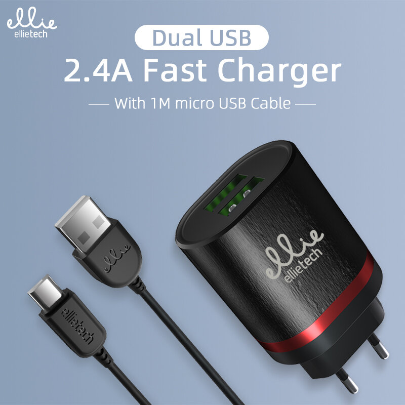 Ellietech Dual USB Charger EU Plug 2.4A Fast ชาร์จโทรศัพท์แบบพกพาสำหรับ iPhone Samsung Xiaomi Redmi Charger