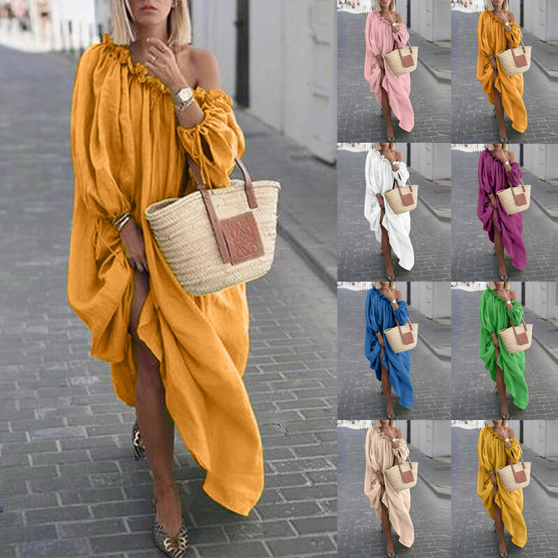 Women Clothes Autumn Boho Plus Size Dresses Casual Off The Shoulder Vintage Dress Loose Maxi Dress Robes Vestidos Femme