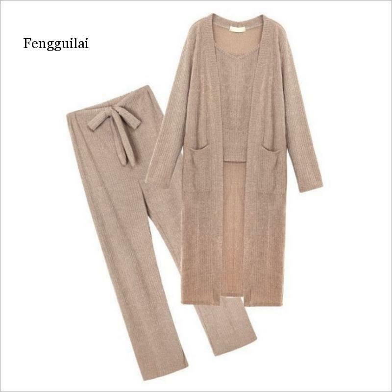 Spring New Women's Sling Knit Cardigan Suit Female Korean Fashion Loose Trousers Three-piece