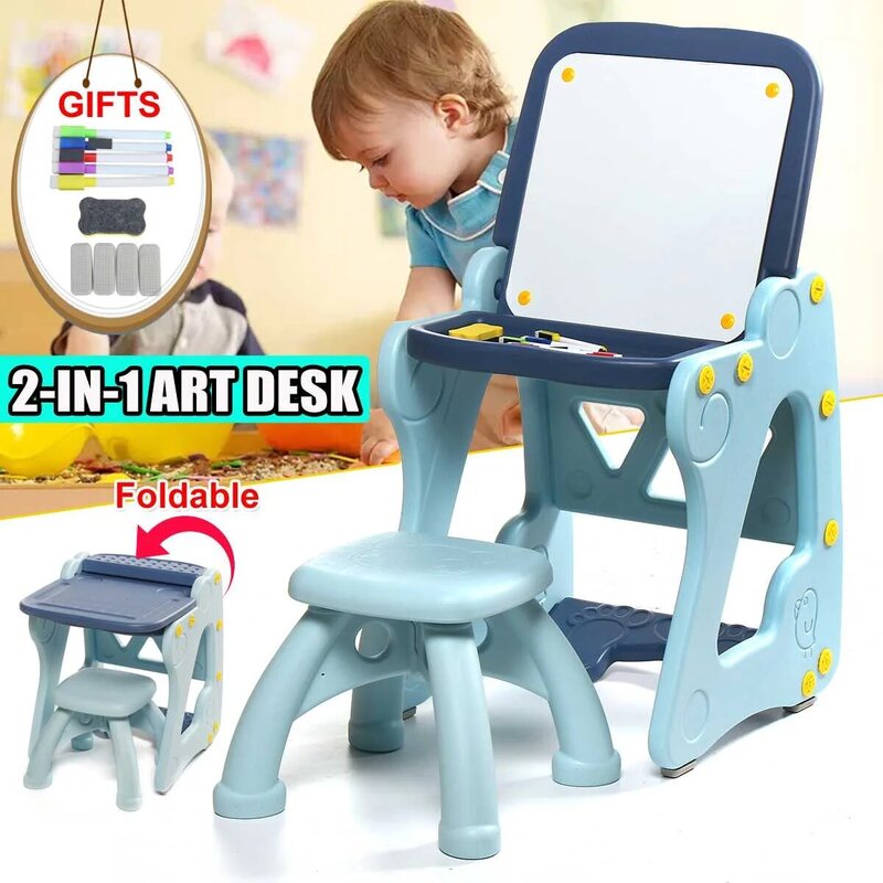 2 in 1 Artโต๊ะพับเด็กตารางปรับและชุดเก้าอี้เดสก์ท็อปเด็กกระดานเขียนขาตั้งสีฟ้า