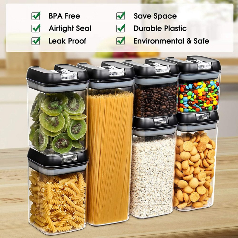Preto selado recipientes de armazenamento de alimentos a granel frasco conjunto para cereais plástico organizador caixa de cozinha geladeira hermético despensa vasilha