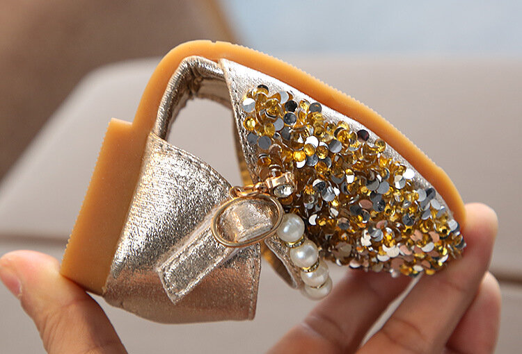 Zapatos de cuero de princesa para niñas, zapatos con lazo de cristal y perlas, informales, de marca