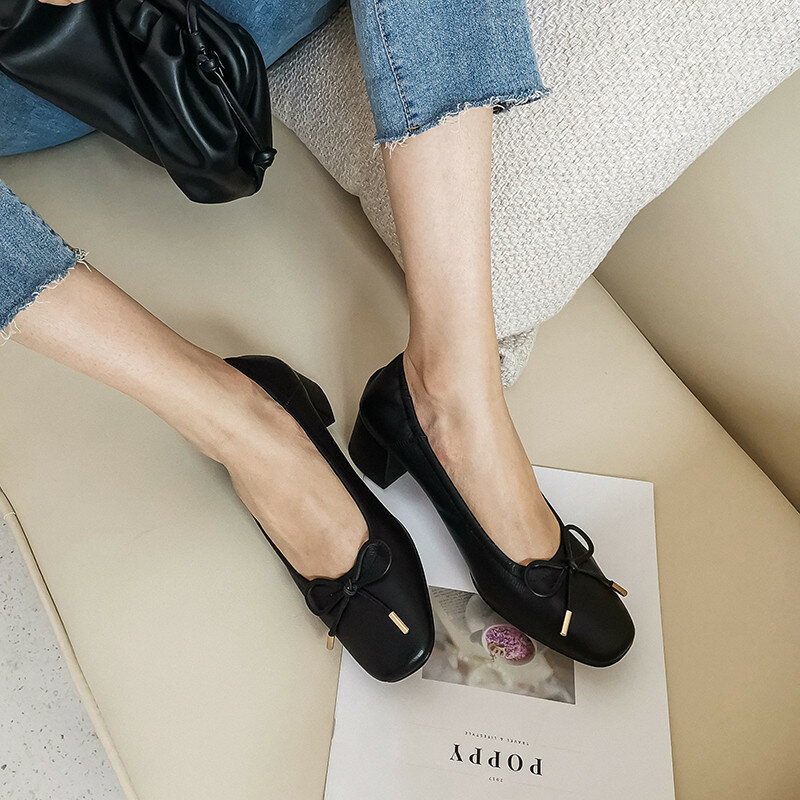 FEDONAS-zapatos Nudo de mariposa de piel auténtica para mujer, calzado de tacón grueso plisado, para fiesta, 2020