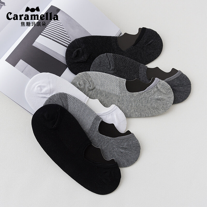 Caramella Socks Men's Spring and Summer Boat Socks Mesh Stockings Sports Invisible Non-Slip Cotton Solid Color Low Top Short
