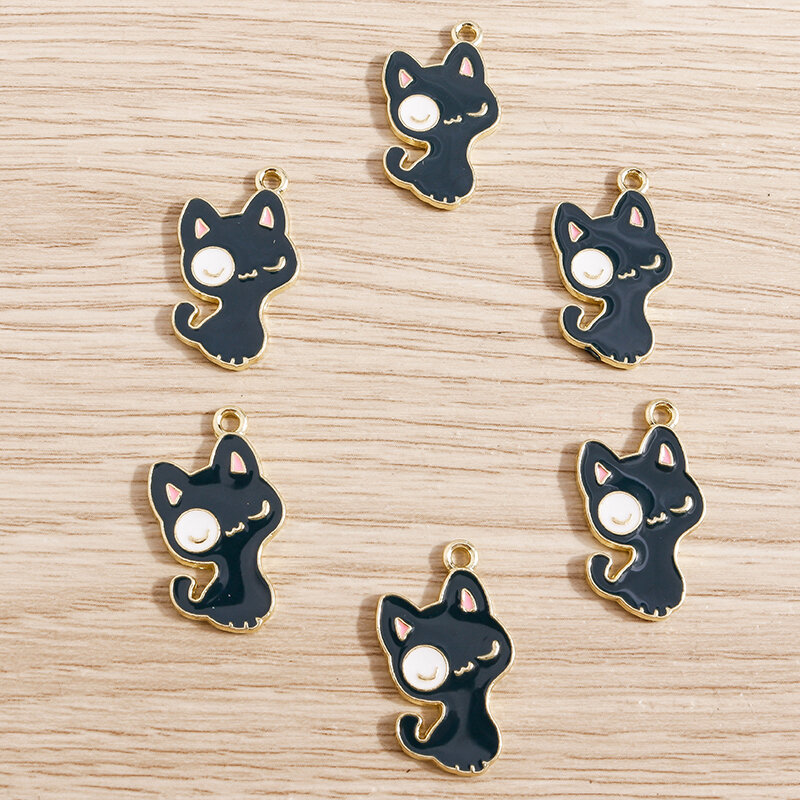 10 pçs 15*25mm bonito preto gato encantos para fazer jóias esmalte animais encantos para colares brincos pulseiras pingentes diy artesanato