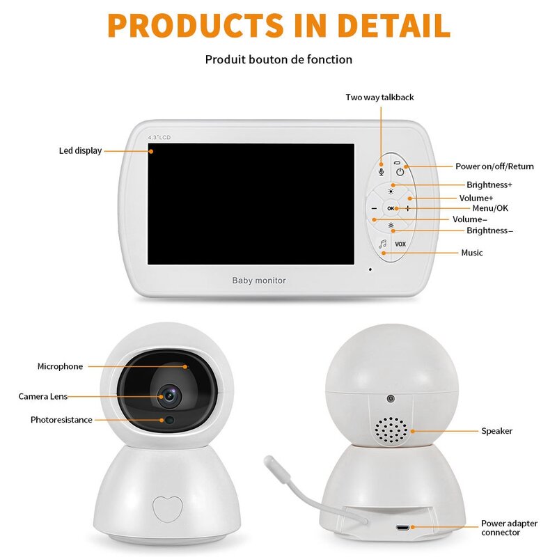 Monitor de bebé inalámbrico, intercomunicador con Wifi, cámara LCD de 4,3 pulgadas, Audio bidireccional, visión nocturna