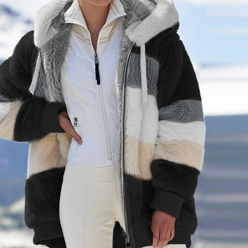 Chaqueta de las mujeres 2021 nuevo caliente felpa Casual chaqueta con capucha suelta Color mezclado de invierno prendas de vestir de piel cremallera Parka abrigo