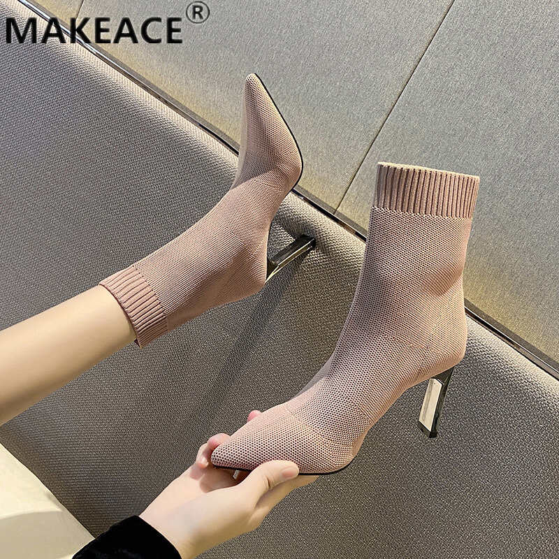 Women's Ankle Boots Fashion Knit Stretch Boots Outdoor Casual Fashion Hosiery Boots 2021 New Fabric Naked Boots Cool Women Shoes