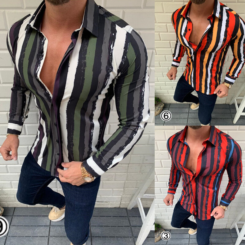 2021 Spring New 3D Stripe Print Shirt Men Hot Brand Casual Men's Clothing Personality Long Sleeve Shirt