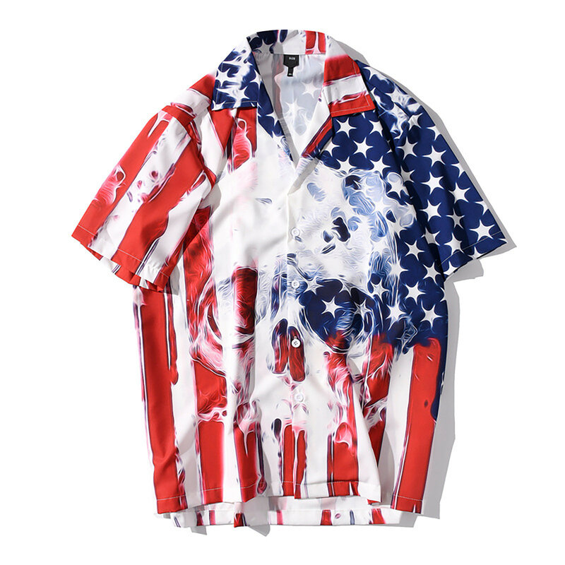 قميص رجالي مطبوع عليه جمجمة يوم الاستقلال قميص رجالي فضفاض بأكمام قصيرة بأزرار موضة صيف 2021 بلوزة وبلوزات للشاطئ والصيف #4