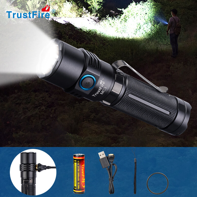 TrustFire – lampe de poche à lumière LED MC3, 2500 Lumens, EDC, torche puissante, CREE XHP50, Camping, Rechargeable, avec chargeur Usb, 21700