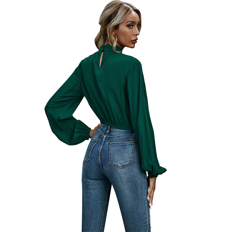 JYSS vintage women blouses green pleated bluzka damska o neck collar short blouses female thin tops blouse 82279