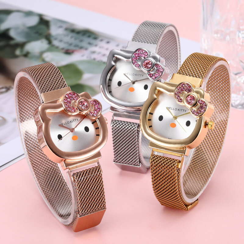 Relojes sencillos de moda para mujer, reloj de aleación con hebilla magnética, esfera de gato bonito, oro rosa