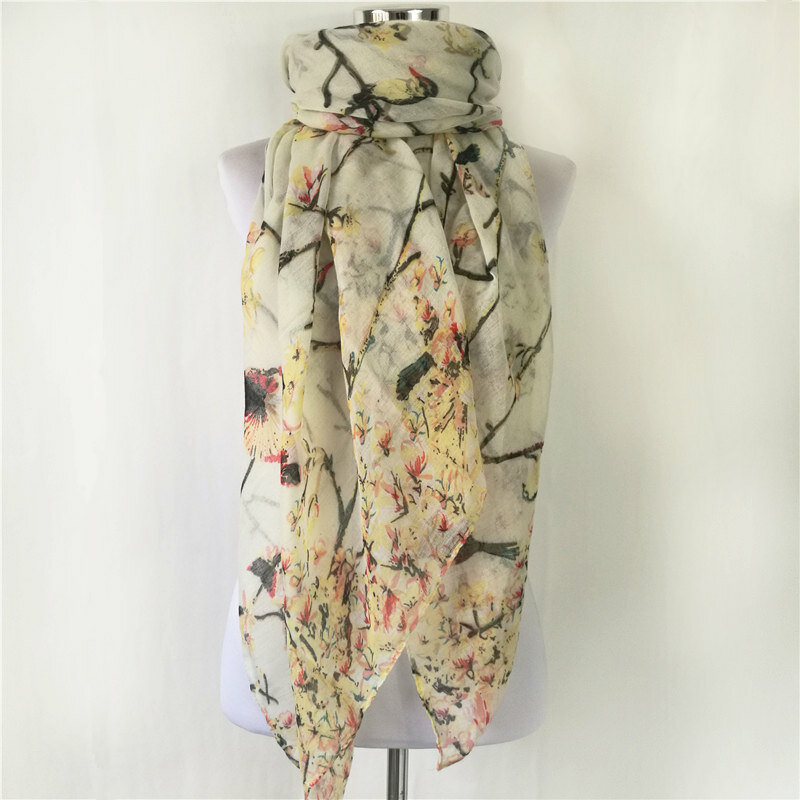 Bufanda con estampado de pájaros y flores para mujer, bufandas de viscosa, a la moda, para primavera y otoño
