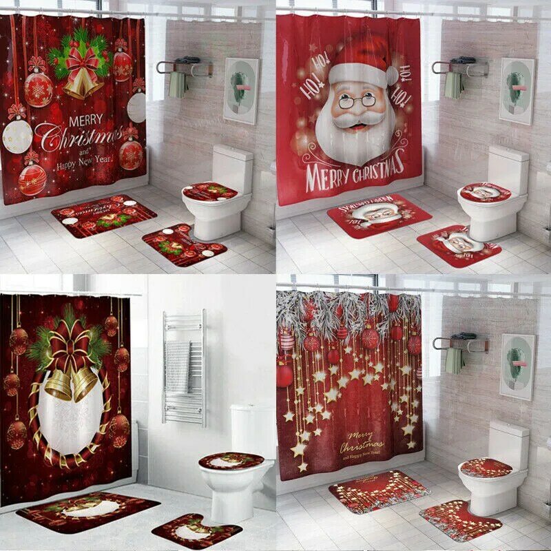 Feliz natal conjunto de banheiro boneco de neve santa natal sino padrão à prova dwaterproof água cortina chuveiro toalete capa tapete não deslizamento