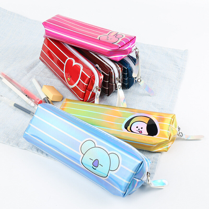 BTS21 BTS-estuche de lápices de rayas de dibujos animados de estilo coreano, bolsa de papelería multicolor láser, caja de papelería, estuche para lápices