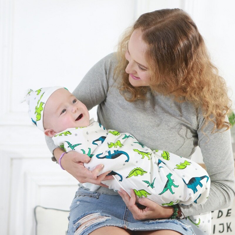 0-6 أشهر الوليد التفاف قماط مكافحة صدمة الطفل المغلف بطانية قبعة النوم مجموعة الحقائب KF669