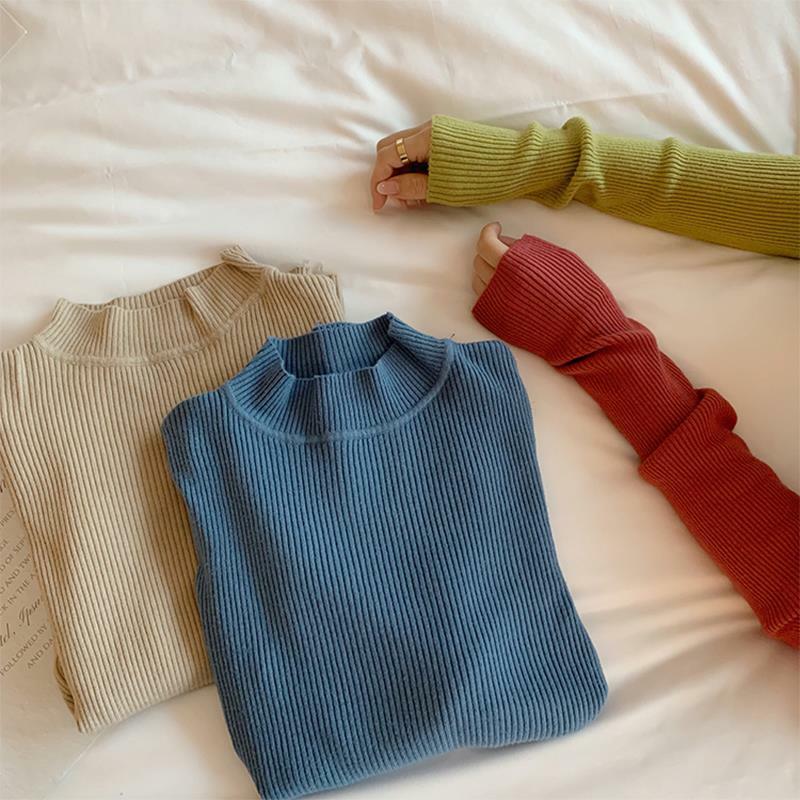 Suéteres de cuello alto para mujer, jerseys de punto elásticos de manga larga, color azul, de moda, fino suave, Tops en 10 colores, Otoño e Invierno