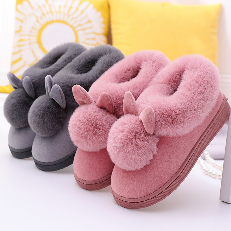 Chaussures en coton à pompon simple à oreilles longues, pantoufles d'intérieur à semelles épaisses, chaussures pour femmes, à la chaleur de l'hiver