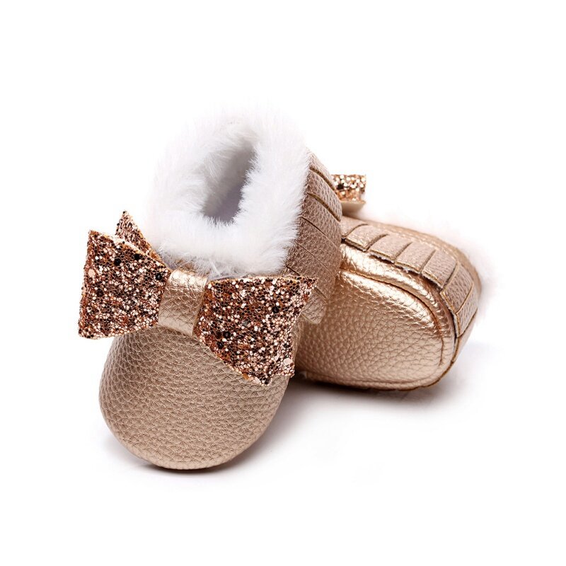 Zapatos cálidos con lazo y flecos para bebé, niño y niña, botas de nieve de cuero con suela blanda antideslizante para niño pequeño, calzado de 0 a 24M