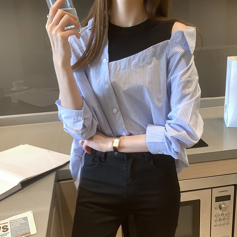 Blusa coreana informal con hombros descubiertos para mujer, camisa elegante a rayas de manga larga con botones, otoño e invierno, 2020