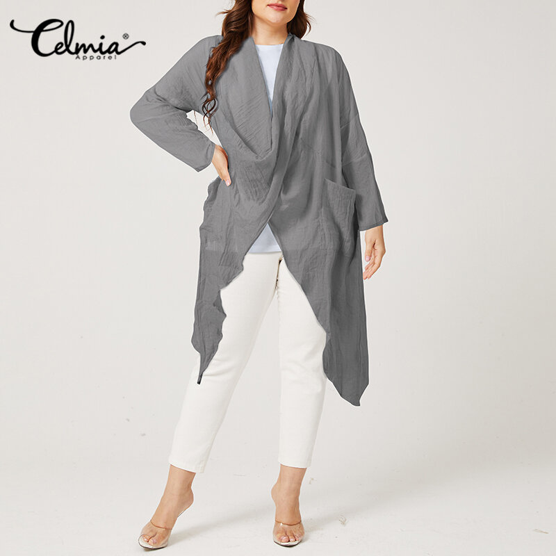 Celmia-Blusa larga holgada de manga larga para otoño, camisa asimétrica con cuello desbocado, color liso, talla grande, 2022