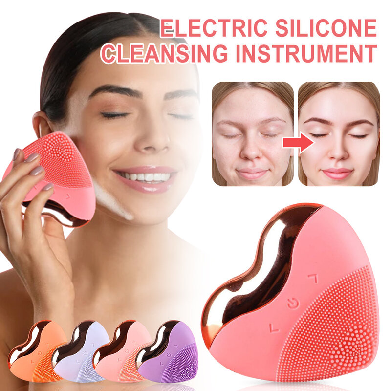 Electric Silicone Face Cleansing Brush Deep Face Pore Cleanser Cute Heart Shape Rechargeable Facial Sonic Cleaning Tool