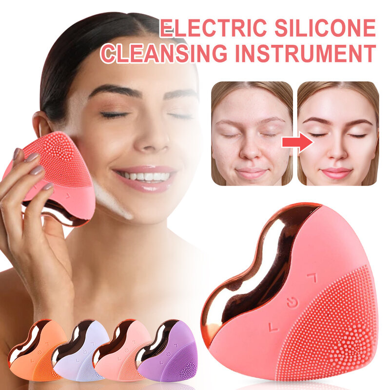 Brosse électrique de nettoyage du visage en Silicone, nettoyeur en profondeur des pores du visage, mignon en forme de cœur, Rechargeable, outil de nettoyage sonique du visage