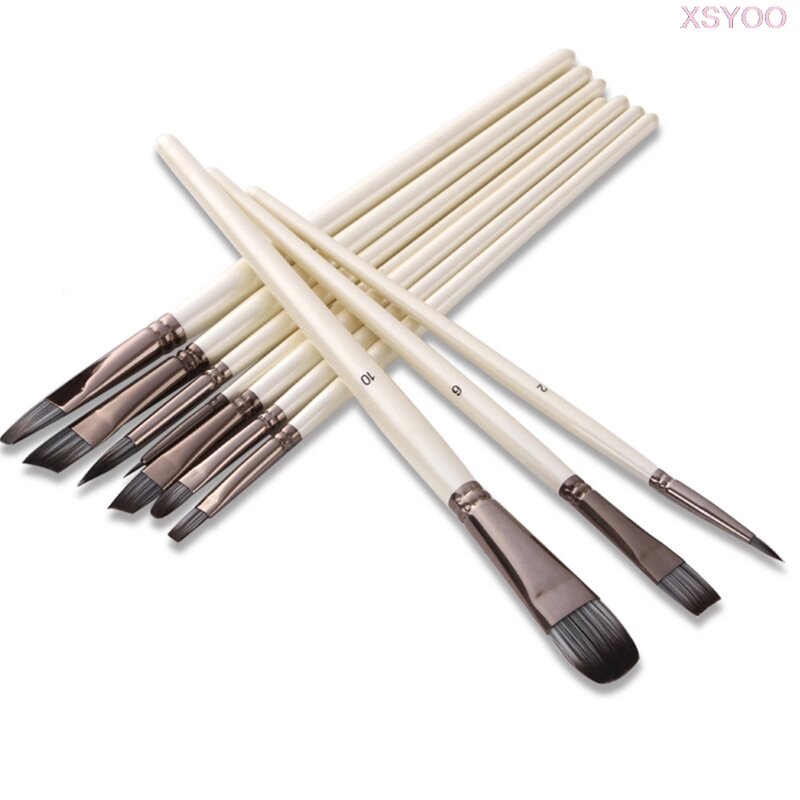 Xsyoo-Juego de pinceles de nailon sintético para pintura, pinceles de madera para pintura al óleo de acuarela, Gouache acrílico, suministros de arte, 10 Uds.