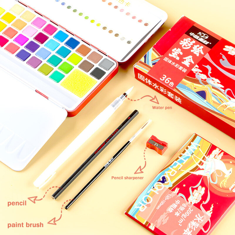 36 Color Solid Watercolor Paint Set Portable 8pcs Pigment Set With Metal Box Palette Paint Brush Water Paper Pencil Art Supplies