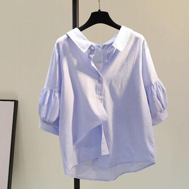 Camisa de lino y algodón con mangas abullonadas para mujer, ropa de estilo coreano holgado de estilo informal, Top de manga de tres cuartos, novedad de verano 2021