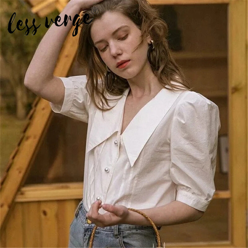 Lessverge informal-Blusa de manga corta con botones para mujer, camisa con cuello de muñeca, Color sólido, de verano