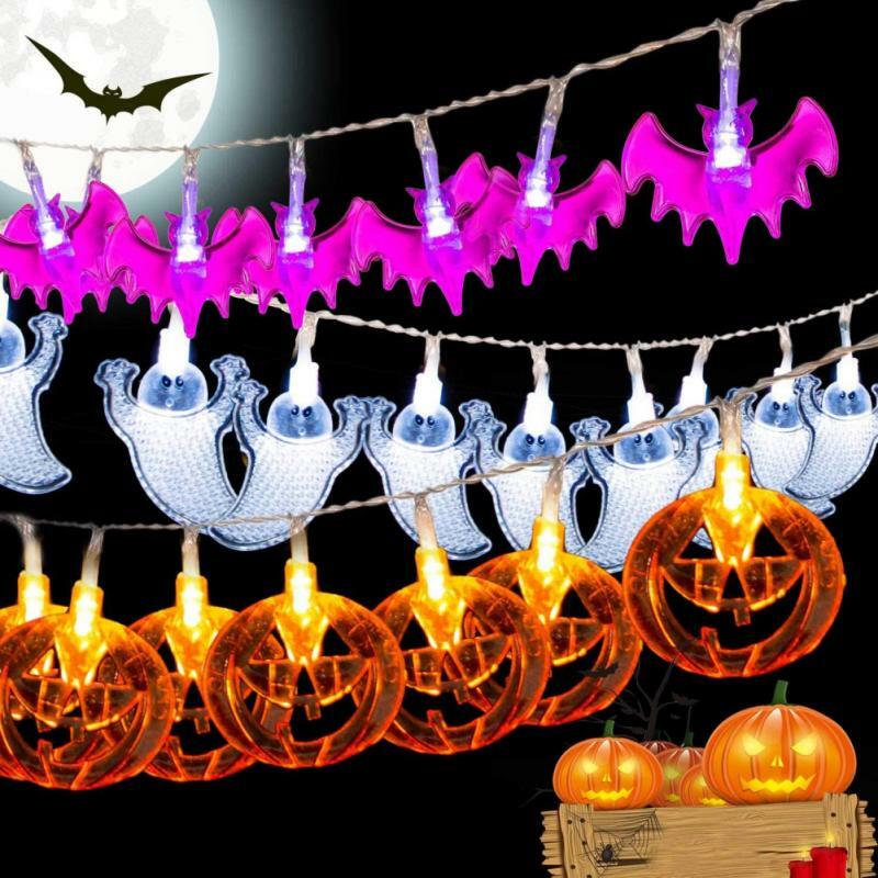 Guirlandes lumineuses à LED pour Halloween, lanterne citrouille, squelette fantôme, télécommande à main, batterie, lumières décoratives
