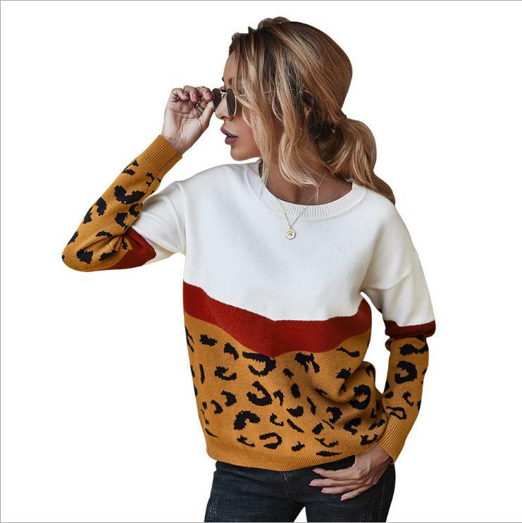 Mode Leopard Patchwork Musim Gugur Musim Dingin Wanita Rajutan Sweater Wanita Kerah O Lengan Penuh Jumper Pullover Atasan Seksi Rajut K1435