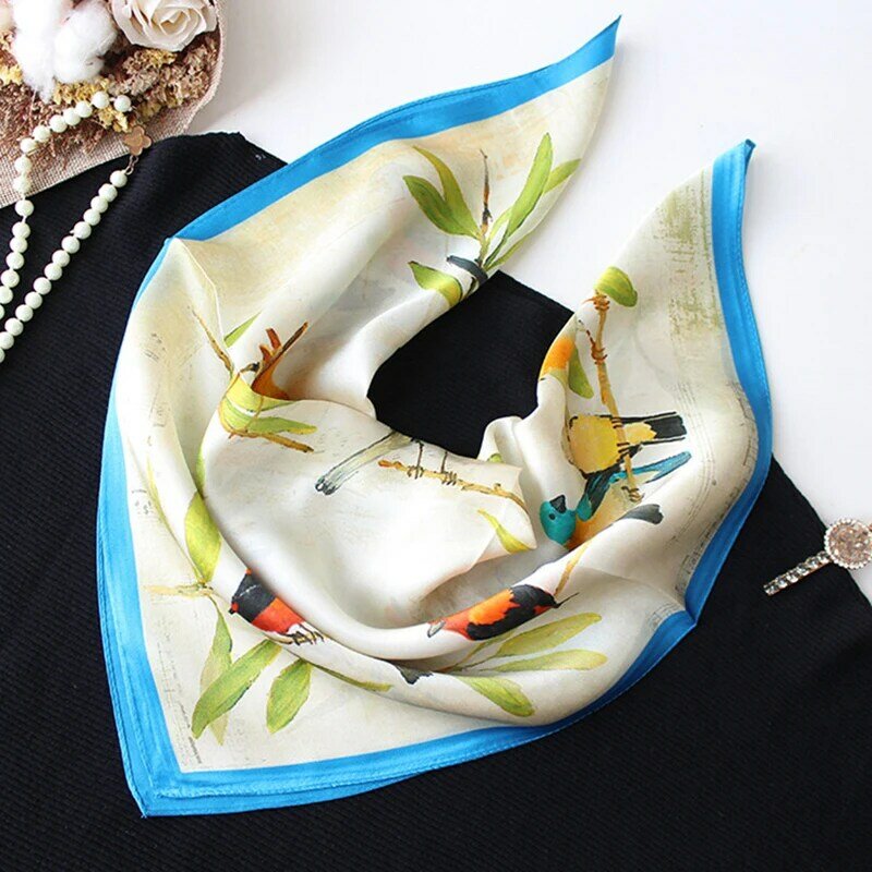 100% Silk Scarf Shiny Bandana Women Fashion Bird Small Kerchief Bandana Head Neck Hairband Turban 53*53cm