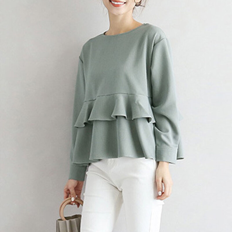 일본 한국 스타일 탑 스티치 러플 셔츠 긴팔 솔리드 컬러 라운드 넥 셔츠 여성용, 2021 가을 셔츠
