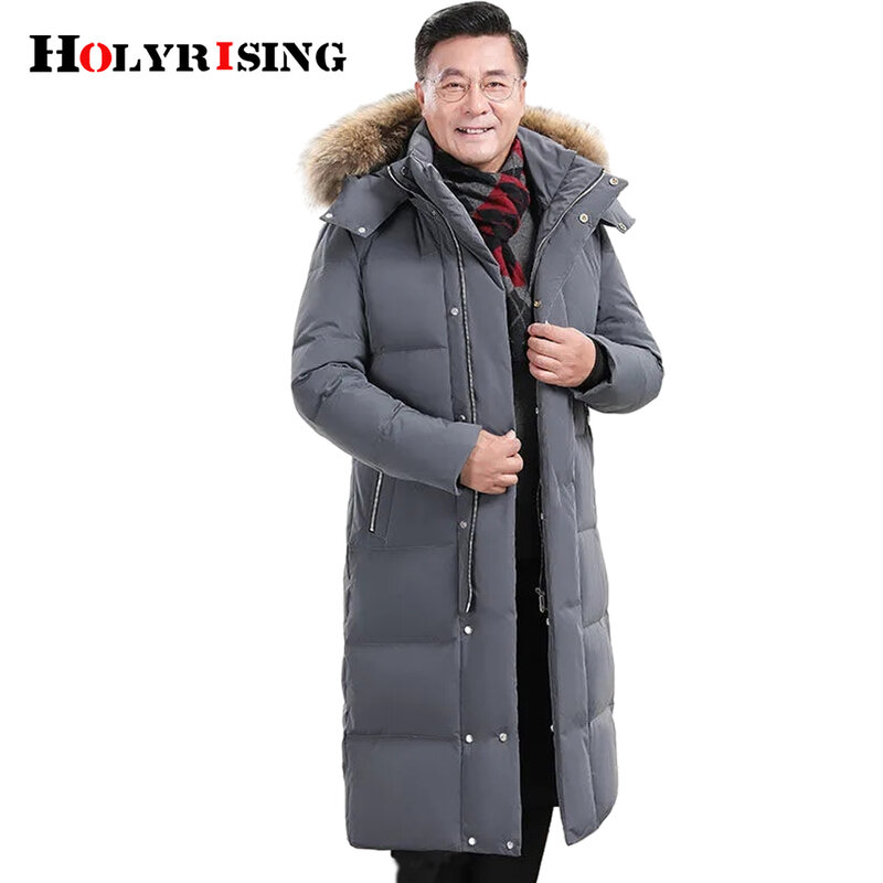 Exte-long over-the-knee plus size men's down jacket with fur hooded White duck down Winter thick jacket and coat пуховик мужской