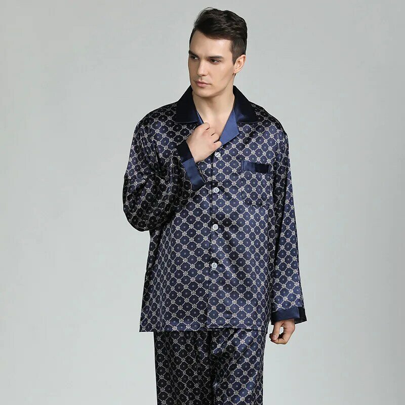 2021 männer der Fleck Seide Pyjama Männlichen Sets Pyjamas Silk Nachtwäsche Moderne Stil Weichen Schlafanzug Männer Komfortable Nachthemd Männlichen Kleidung