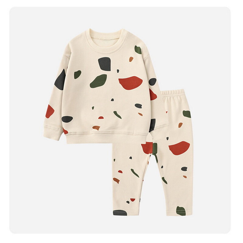 Пижамный комплект для мальчиков и девочек, хлопковый свитшот и штаны оливкового цвета с мультяшным рисунком и камнями, E1602, осень 2021