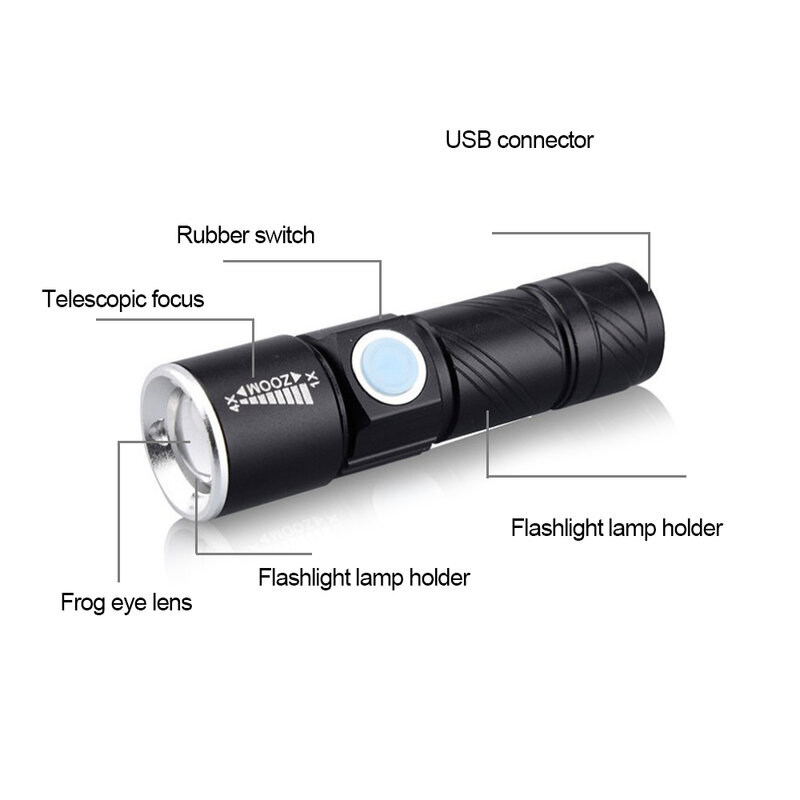 USB Rechargeable Mini LED Flashlight Portable Outdoor Lantern Waterproof Penlight Zoomable Lamp Torch Pocket Light for Camping