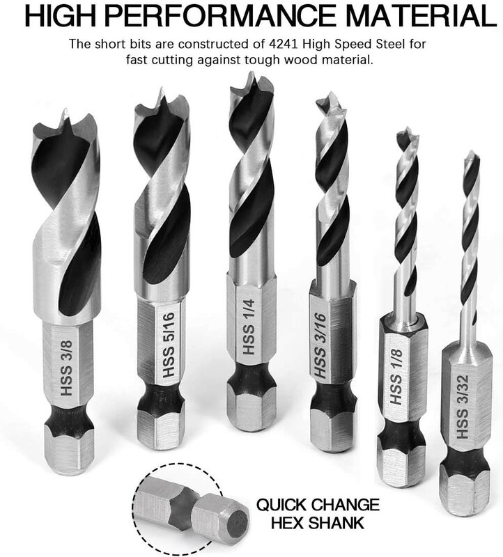 6pcs 1/4-Inch Quick Change Hex Shank  Brad Point Stubby Drill Bit Set For Woodworking High Speed Steel Home Power Tools