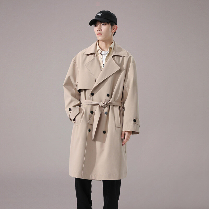 2021 estilo britânico dos homens cáqui longo trench coat outono e inverno nova cintura apertada pequeno médio casaco