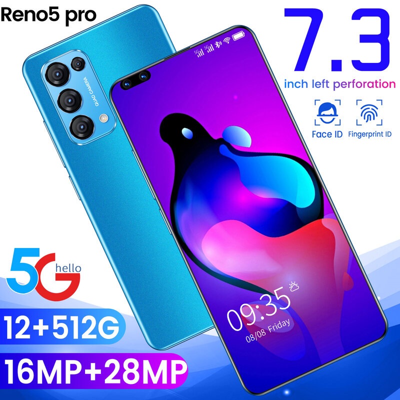 OPPI Reno5 Pro สมาร์ทโฟน7.3 "MTK6797 Deca Core Dual SIM 28MP 12G RAM 512G ROM Global Version โทรศัพท์มือถืออังกฤษ