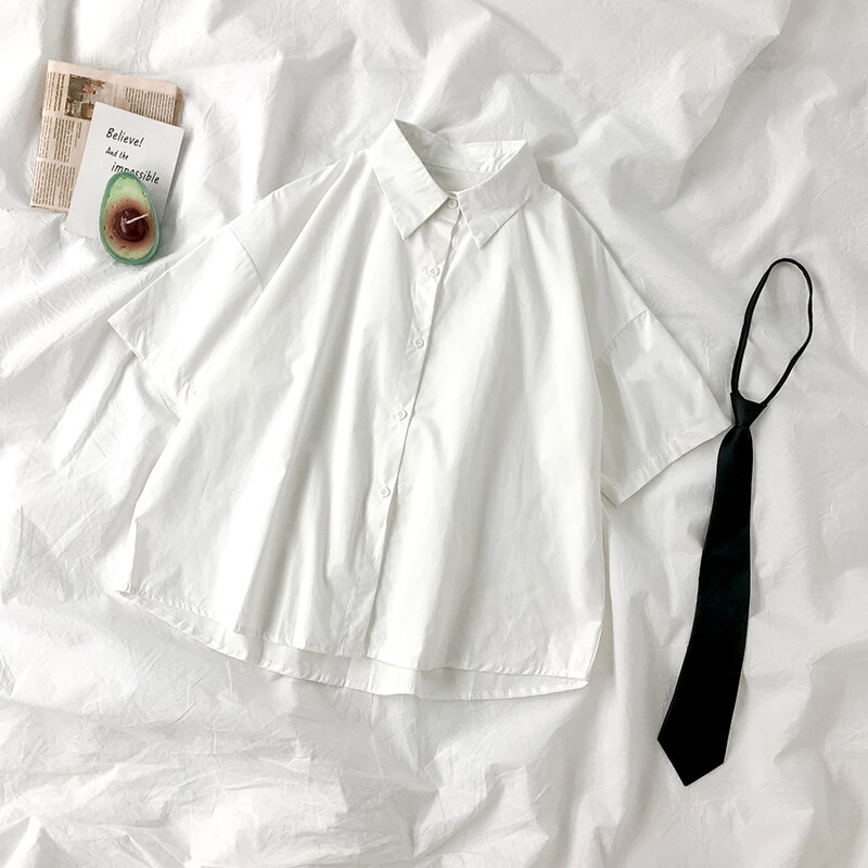 Preppy Style blanc femmes chemises 2020 été nouveau décontracté tout Match à manches courtes étudiant chemises avec cravate Outwear hauts
