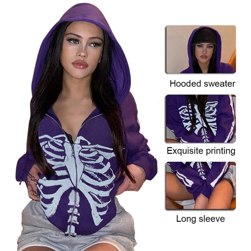 Y2K Aesthetic Skeleton Zip Up Hoodie 90s 빈티지 그래픽 프린트 지퍼 클로저 탑 2021 봄 가을 E-girl 스웨터