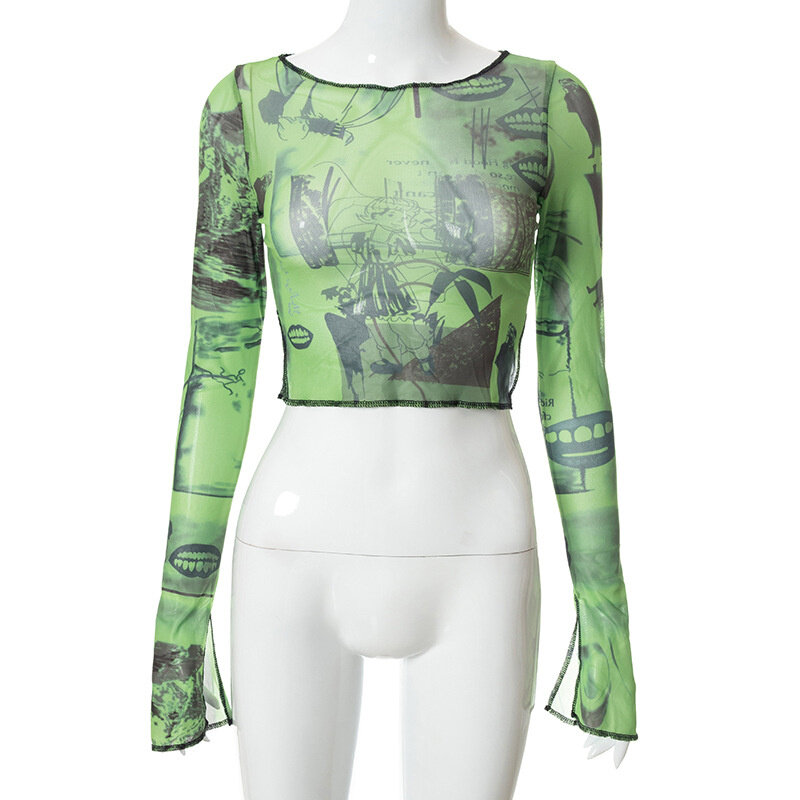 Hirigin-Top corto con estampado gráfico Vintage Y2K para mujer, camiseta transparente de malla verde de manga larga acampanada, ropa ajustada