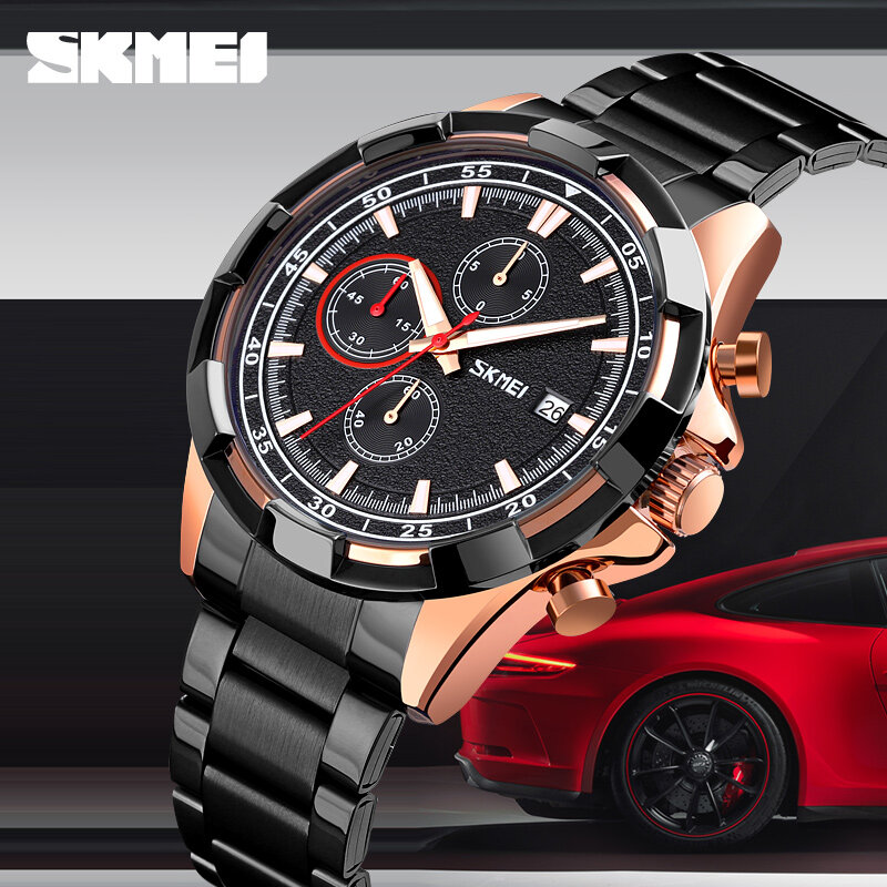 Moda zegarki kwarcowe zegarek męski luksusowa marka SKMEI data stoper męski zegarek ze stali nierdzewnej wodoodporne godziny pracy