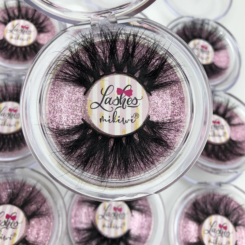 Mikiwi 25mm Mink Eyelashes 20/30/50 Wholesale 3D Mink Lashes round case custom packaging Label Makeup Dramatic Long Mink Lashes