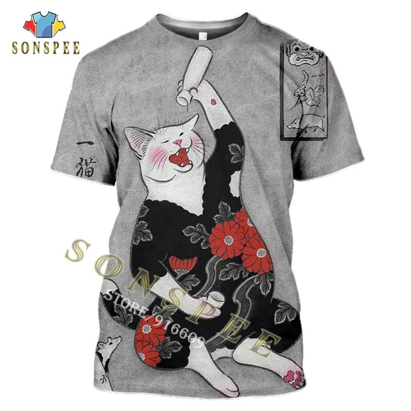 Impressão 3d japonês samurai gato tatuagem camiseta legal clássico arte feminina casual verão camiseta em torno do pescoço manga curta