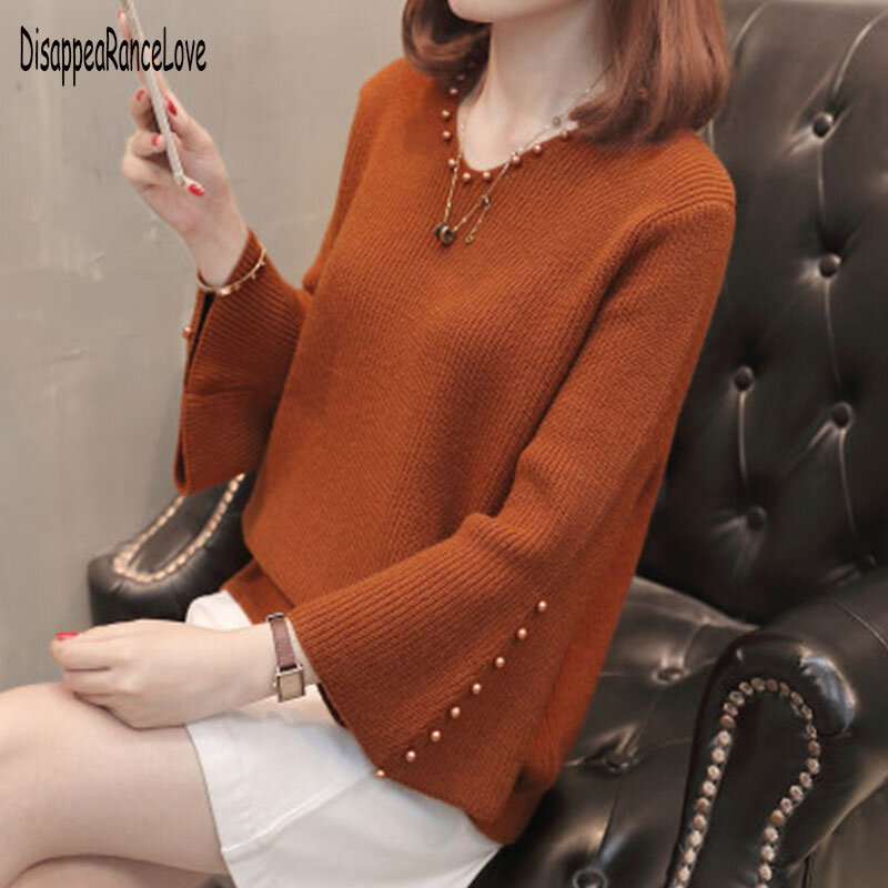 Fashion Autumn Sweater Women Casual Slim V-Neck Beads Sweaters Solid Color Winter Flare Sleeve Pullover Basic Sweater